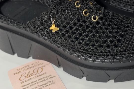 Pantofi handmade croșetați negri ElaD™ – model elegant premium cu talpă groasă
