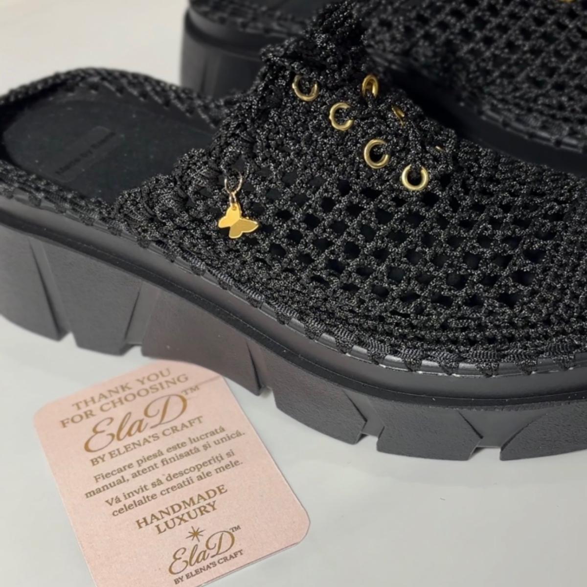 Pantofi handmade croșetați negri ElaD™ – model elegant premium cu talpă groasă