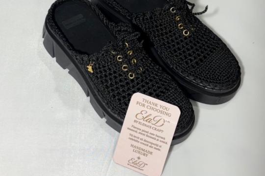 Pantofi handmade croșetați negri ElaD™ – model elegant premium cu talpă groasă