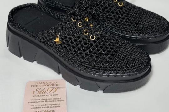 Pantofi handmade croșetați negri ElaD™ – model elegant premium cu talpă groasă