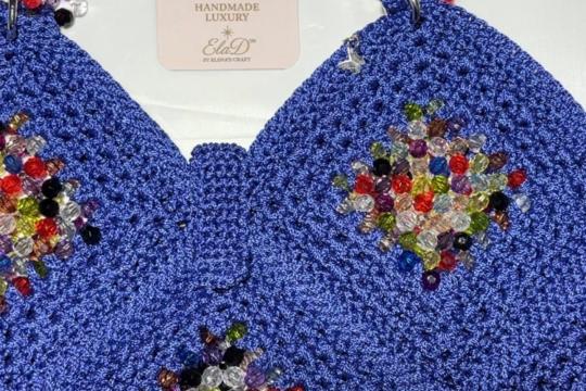 Top handmade croșetat ElaD™ albastru cu aplicații multicolore – model unicat premium