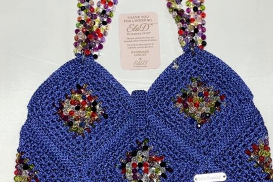 Top handmade croșetat ElaD™ albastru cu aplicații multicolore – model unicat premium