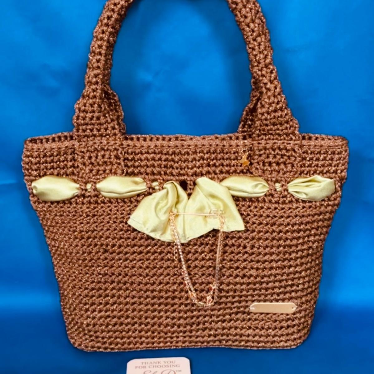 Geantă handmade croșetată ElaD™ maro cu fundă satin – model elegant premium