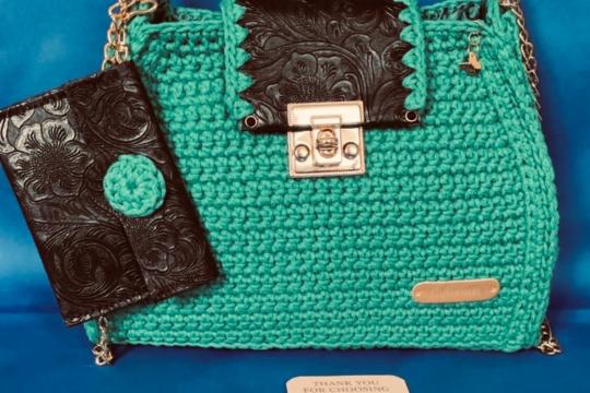 Set geantă handmade croșetată ElaD™ verde cu portofel – model elegant premium