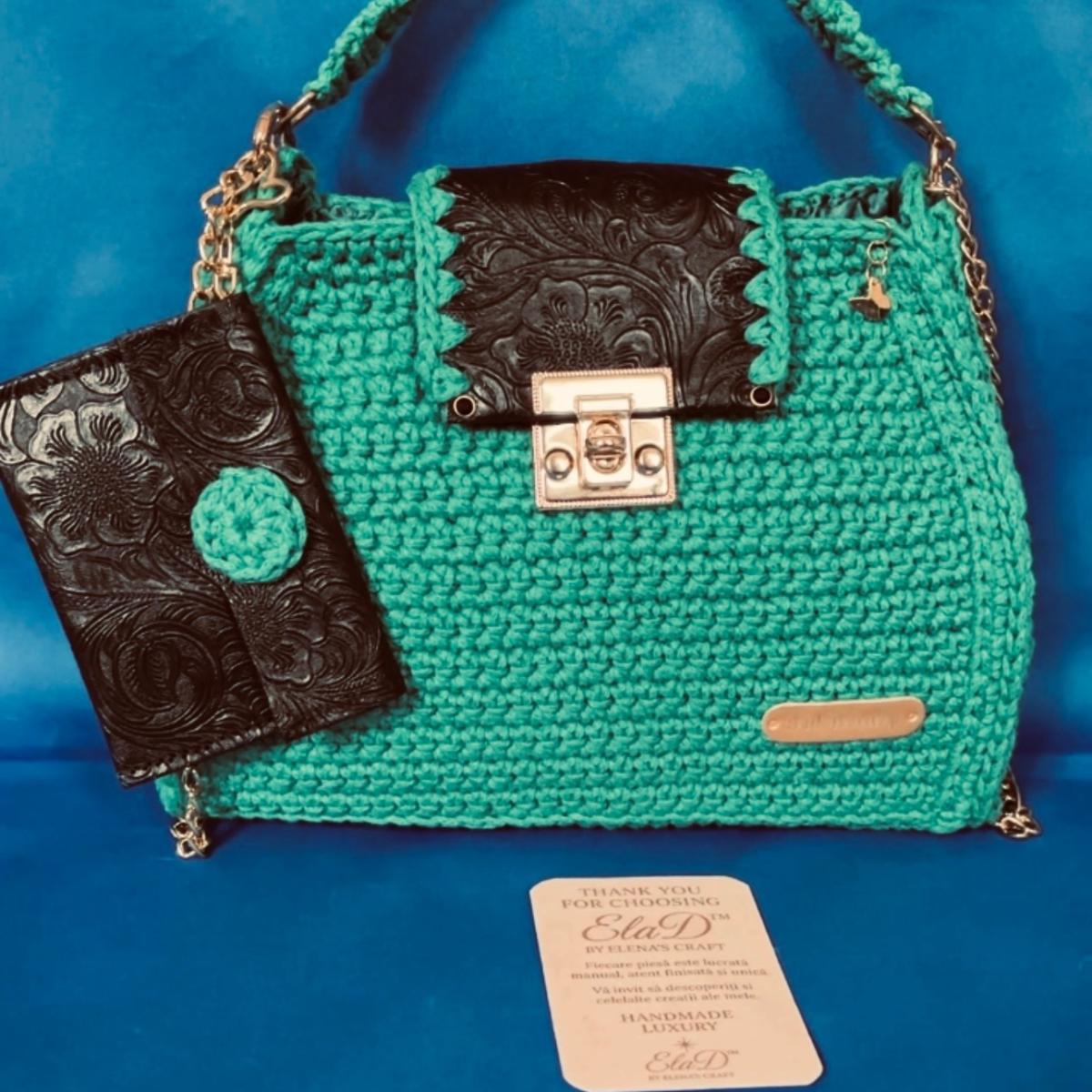 Set geantă handmade croșetată ElaD™ verde cu portofel – model elegant premium