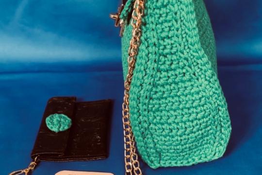 Set geantă handmade croșetată ElaD™ verde cu portofel – model elegant premium